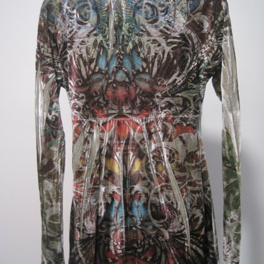 Vintage One World Velvet Polyester Long Sleeve Colorful Tunic Top Women's Medium - Picture 4 of 7